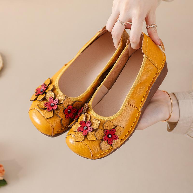 Shallow Single Shoes, Genuine Leather Women's Shoes, Shoe Flowers, One Pedal, Doudou Round Head Thick Sole, Spring and Autumn