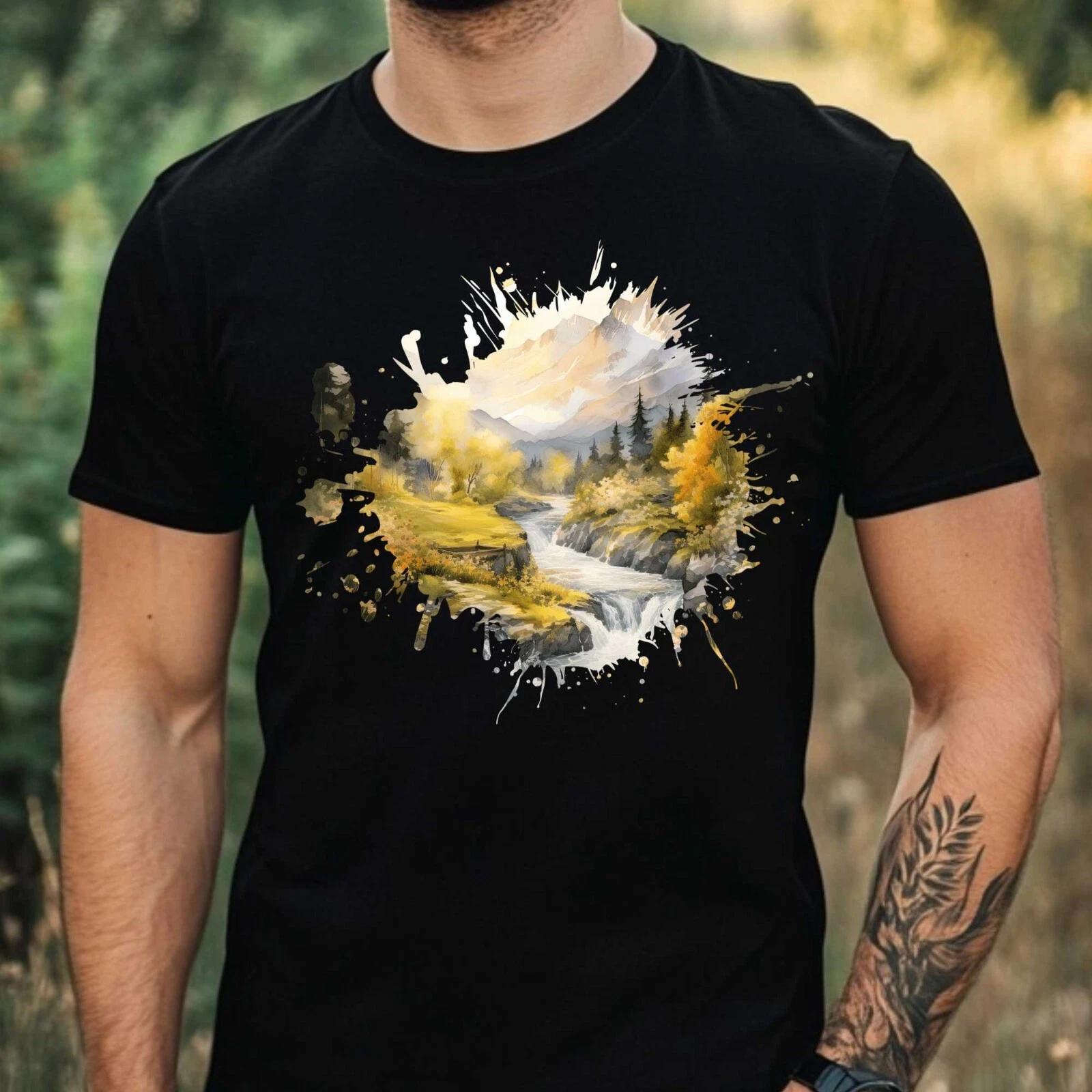 T-Shirt Herren Aquarell Berglandschaft Motiv Baumwolle Größe XS bis 5XL S