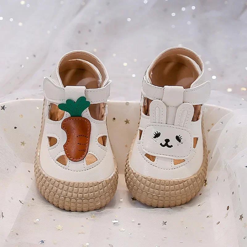 

Kids Flat Shoes Toes Capped Anti-kicked Girls Sandals Hollowed-out Breathable 2025 Summer New Children Beach Shoes Cute Rabbit 31 бежевый
