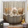 ~O~1pc Bathing Kittens Shower Curtain - 3 Fluffy Kittens In Bathtub, Bubbles & Yellow Duck, Beige Tile Background, 70.8x70.8