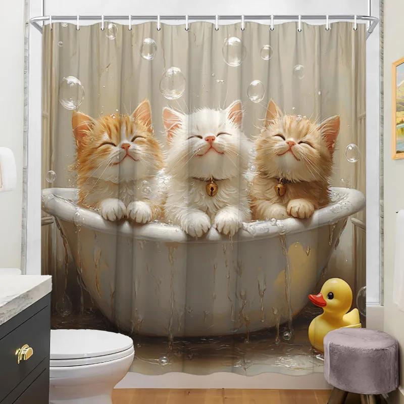 ~O~1pc Bathing Kittens Shower Curtain - 3 Fluffy Kittens In Bathtub, Bubbles & Yellow Duck, Beige Tile Background, 70.8x70.8