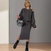 Set Felpa e Abito da Donna 2 Pezzi Girocollo Manica Lunga a Pipistrello Top Largo Vestito Midi con Orlo Spacco Outfit Casual da Ufficio Spesso Autunno Inverno
