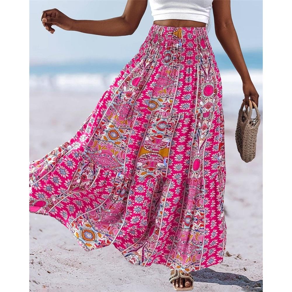 Women's Summer Elastic Waist Loose Long Printed Skirt