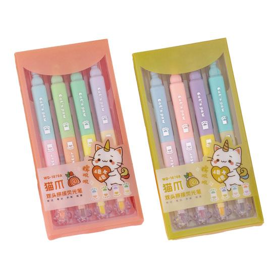 4Pcs Dual-Tip Cat Paw Highlighter with Stamp & Marker Cute Pastel Journaling Pen for Students Smooth Quick-Dry Fun School