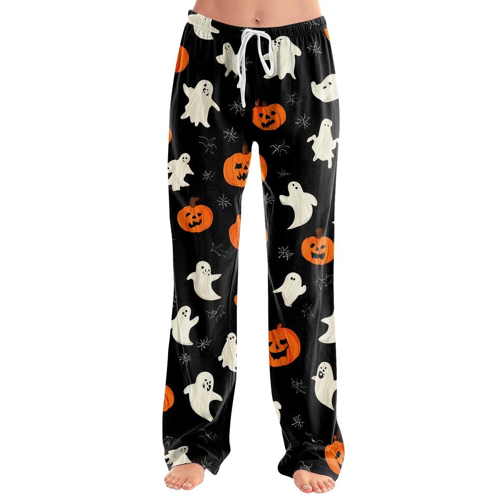 Women Drawstring Lounge Pants Halloween Print Casual Loose Fit Full Length Pajama Bottoms with Elastic Waistband and Relaxed Style