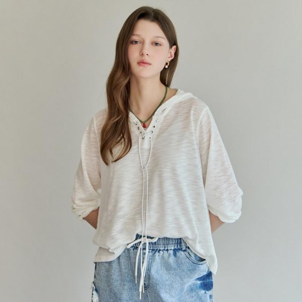 Maxza Lace Up Slub Loose FiT Hoodie T shirT zf08qT003na white/FREE