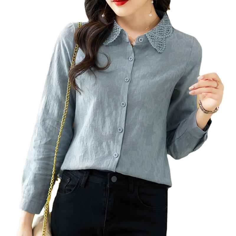 2023 Spring Women's Cotton Jacquard Shirt with Doll Collar and Long Sleeves