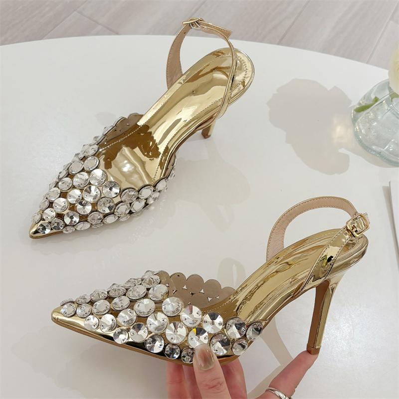 Eilyken Sexy Slingback Pointed Toe Women Pumps Elegant Crystal PVC Transparent Thin High Heels Party Prom Female Shoes