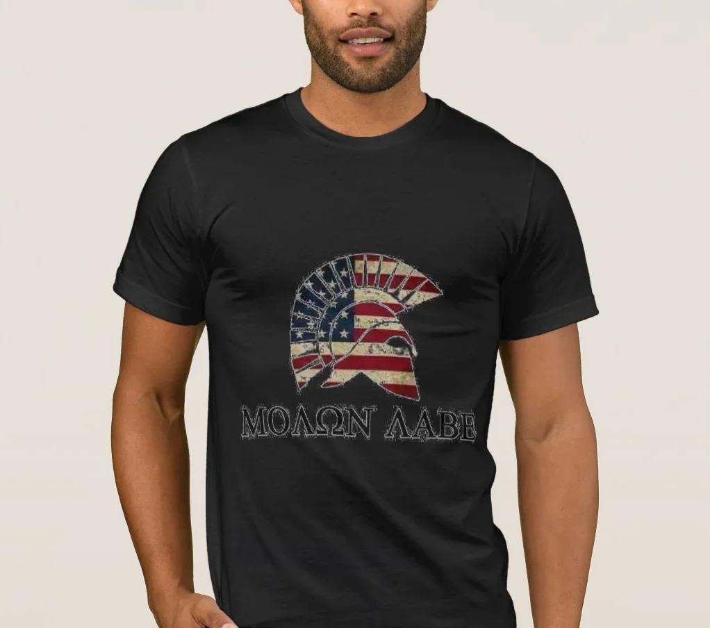 American Flag Spartan Helmet Molon Labe T-Shirt 100% Cotton O-Neck Summer Short Sleeve Casual Mens T-shirt Size S-3XL