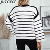 BITCED Autumn/Winter Women's O-Neck Loose-Fit Black-and-White Striped Pullover Long-Sleeved Knitted Sweater