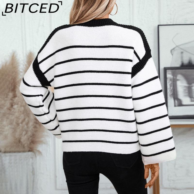 BITCED Autumn/Winter Women's O-Neck Loose-Fit Black-and-White Striped Pullover Long-Sleeved Knitted Sweater