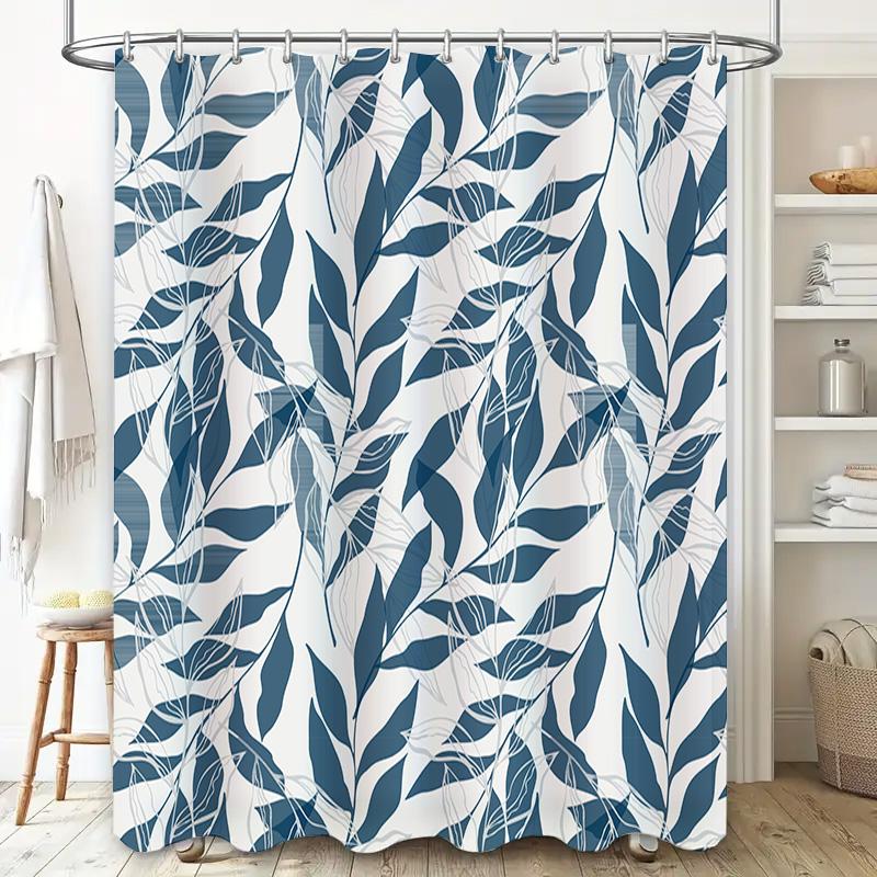 Modern Floral Bath Curtain with Waterproof Shower Fabric Blue and White Leaf Pattern Decorative Shower Curtains for Bathroom
