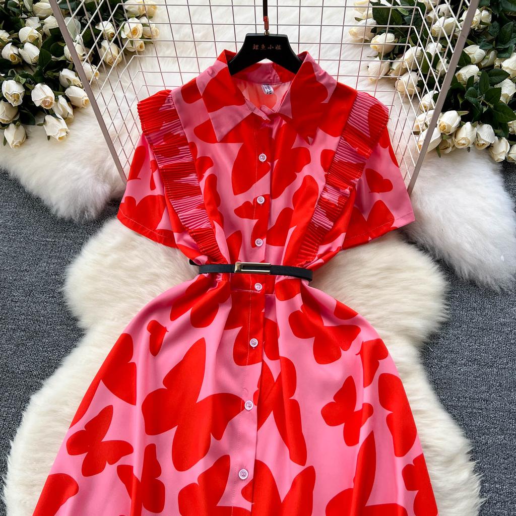 Šik Elegantní Potisk Jedlá Stromová Houba Krátký Rukáv Elegantní Zavinovací Límec Bodycon Šaty Módní Štíhlé Letní Šaty