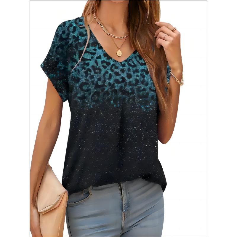 2026 New Summer Women T-shirt 3d Fashion Print Gradient Harajuku T Shirt Oversized Tee For Ladies Clothing New Short Sleeve V-Ne