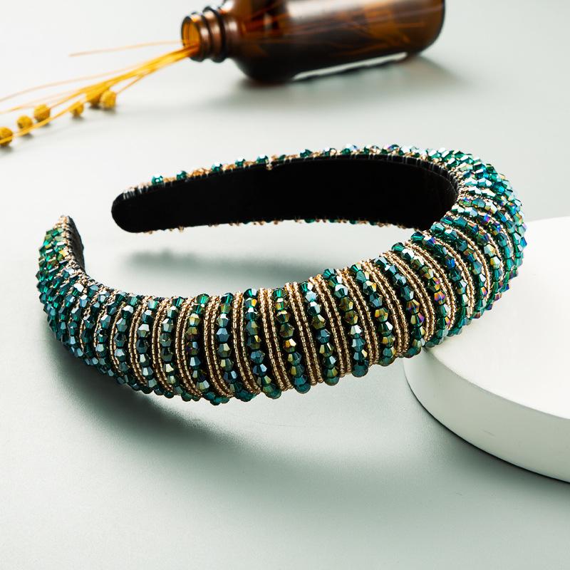 

Роскошный барочный зеленый стразовый ободок для волос, женские аксессуары для волос, ручная работа, стеклянные стразы, цветок, широкополый обруч для волос