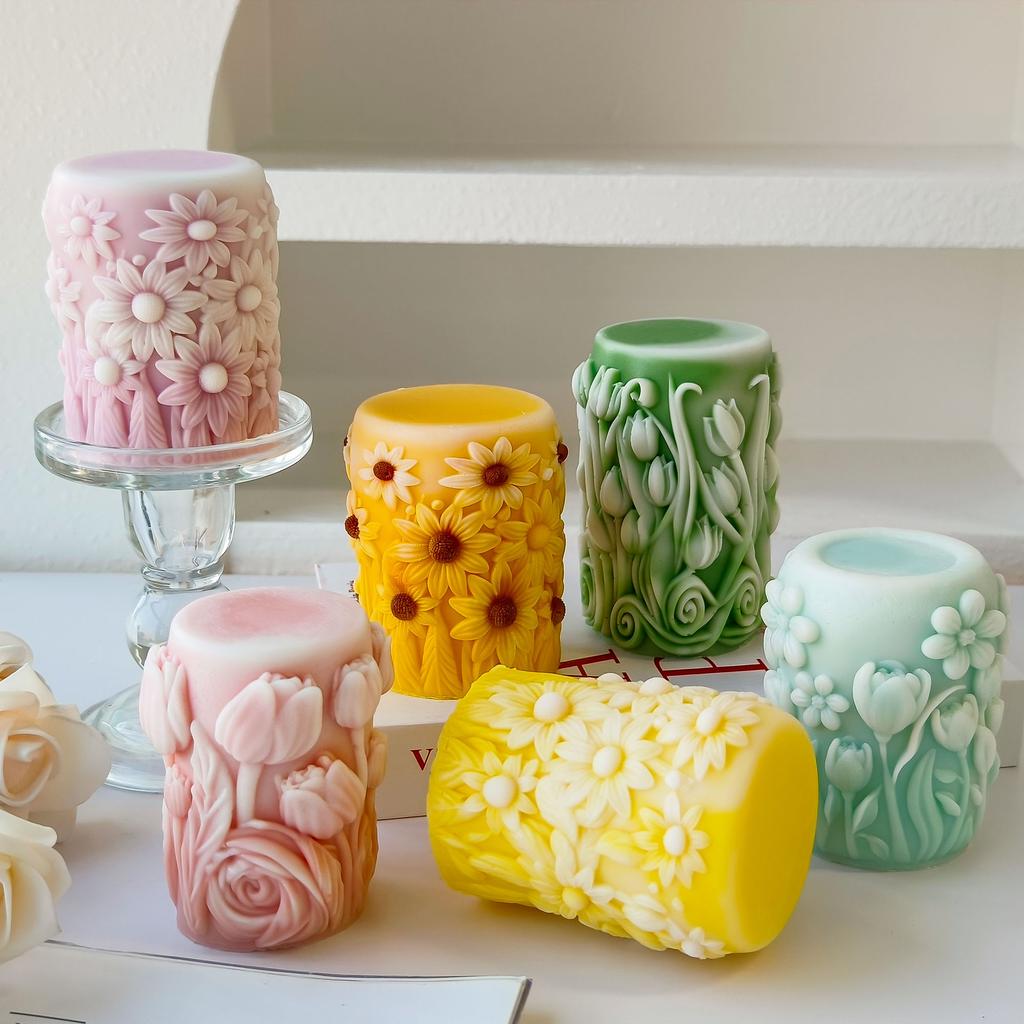 DIY Maple Tulip Cylinder Silicone Candle Mold Handmade Aroma Plaster Ornaments Mould Flowers Pillar Candle Making Supplies