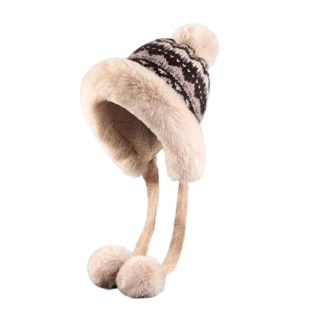 Fashion Thick Knitted Plush Hat Warm Ball Ear Protection Hat Windproof Ethnic Style Pullover Beanie Hat Girls