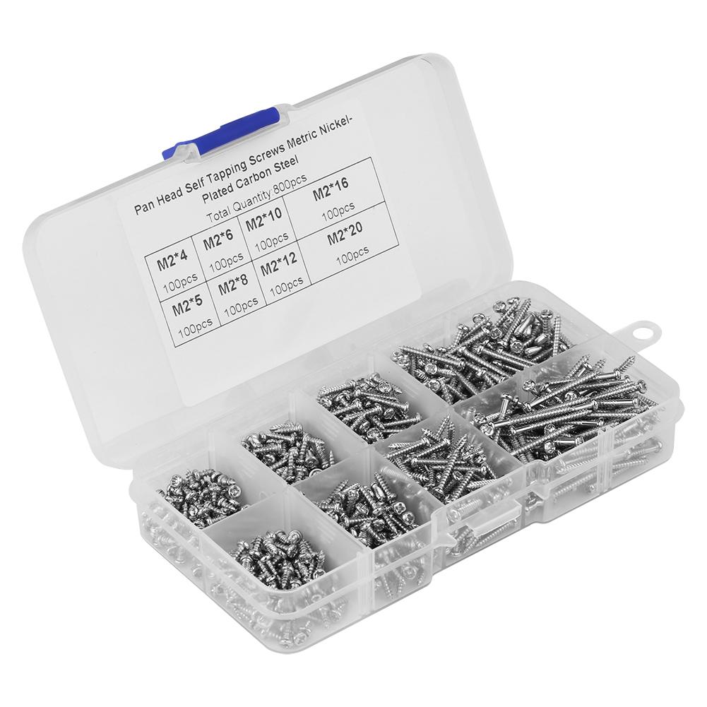

800pcs M2 Cross Drive Pan Head Self Tapping Screws Woodworking Fastener with Box