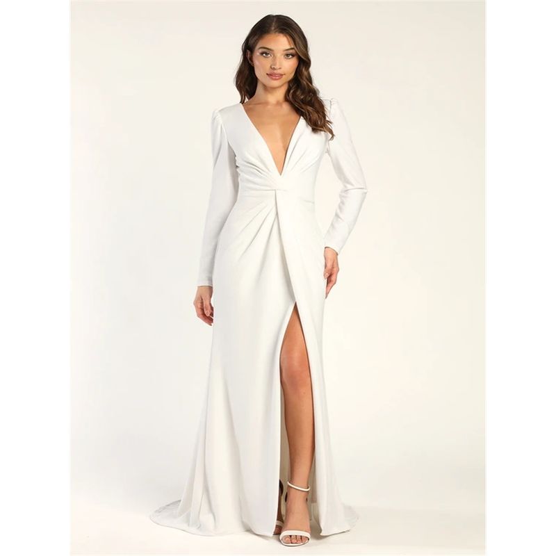 

Export Single Lu Home Long Sleeves Front and Rear Deep V Small Tail Annual Party Party Pure White Fairy Atmosphere Evening Dress Long Dress White XL