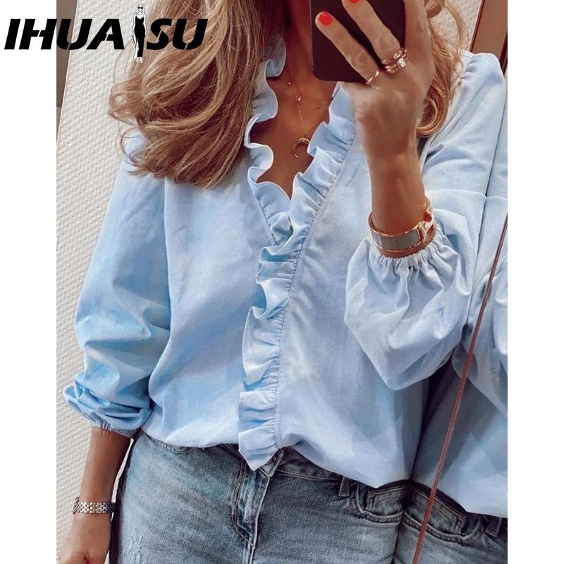 IHUASU Women's Fashion Casual Solid Color Print Long Sleeve V Neck Blouses & Shirts