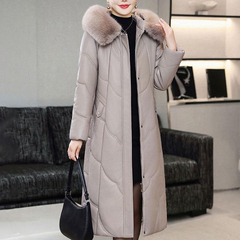 Winter Women's Genuine Leather Jacket Over-the-Knee Long Sheepskin Padded Coat Thickened Windproof Warm Camel Wool Coat