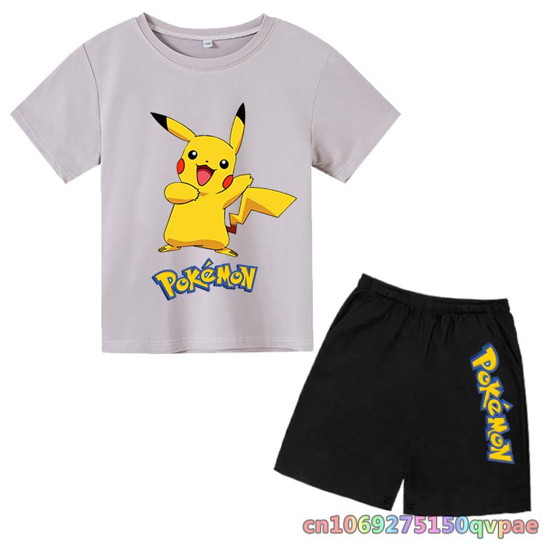 Children's Clothes Cartoon Summer Kids Animal Pokemon T-shirt Set Boys' Clothing  Leisure Cotton Pikachu Print Short Sleeve