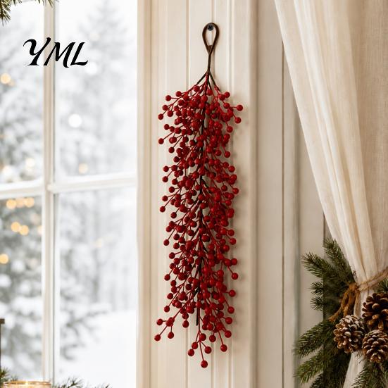 Artificial Red Berry Sprays Swag Branch, Christmas Rustic Style Wall Indoor Outdoor Festive Ornament Hangings, Seasonal Waterfall Pendant for