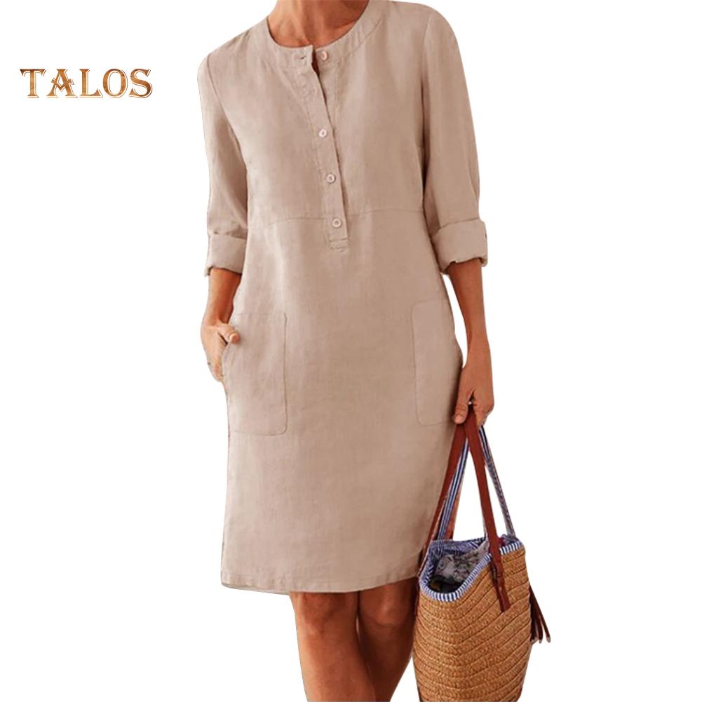 Hi Cutie Women Clothing Loose Solid Color Buttons Cotton Linen Long Sleeve Midi Dress