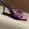 Fashion Purple Satin Rhinestone One-Strap Sandals for Women 2025 Summer New Bow Open-Toe Thin High-Heeled Slippers Casual Fashion Slides