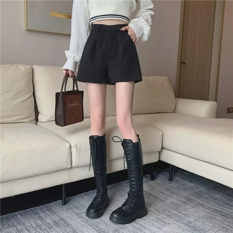 Women's Black Woolen High-Waisted Wide-Leg Shorts for Autumn/Winter 2023