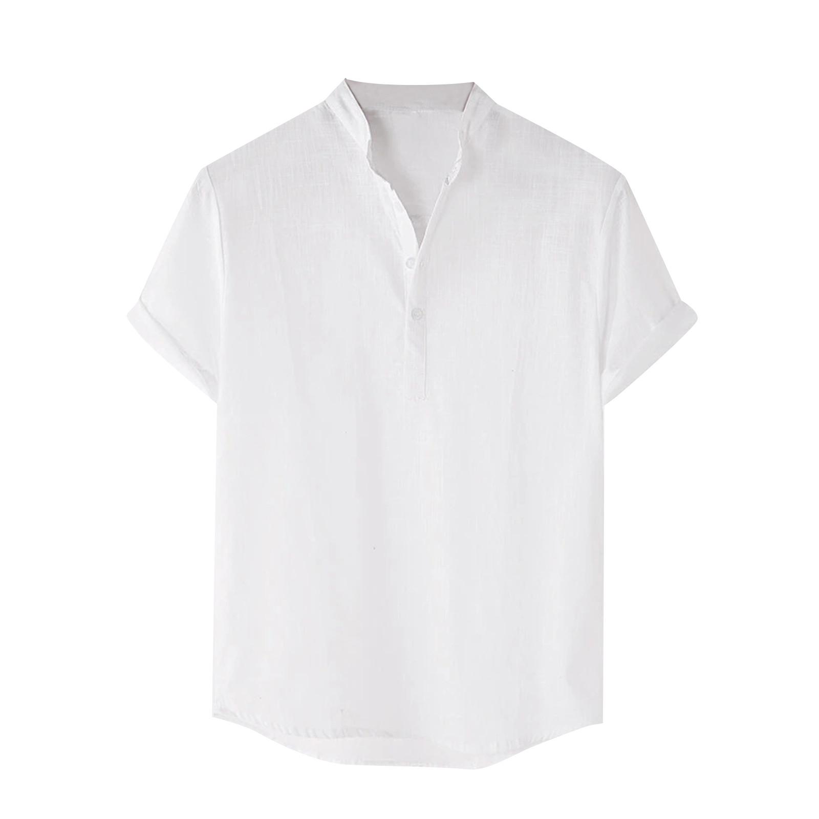 

Men s Cotton Linen Shirt Regular Fit Short Sleeve V Neck Button Down Summer Shirt Beach T Shirts M білий
