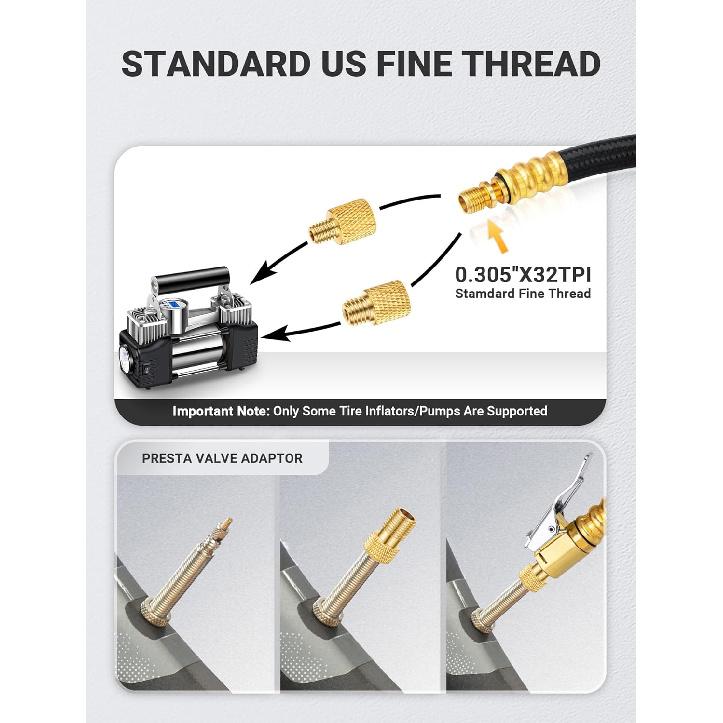 12'' Tire Inflator Extension Tube, Tire Pump Chuck Hose Adapter W/Presta Valve For Air Compressor Quick-Inflation, Clip On Air Chuck High-Pressure