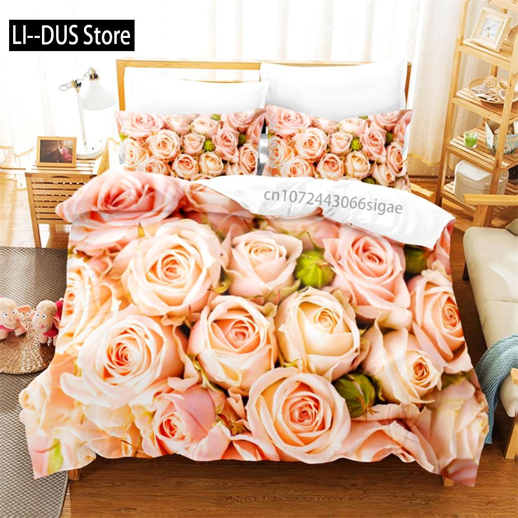 Helles Rosen Bettwäscheset Bettbezug Set 3D Bettwäsche Digitaldruck Queen Size Bettwäscheset Modisches Design