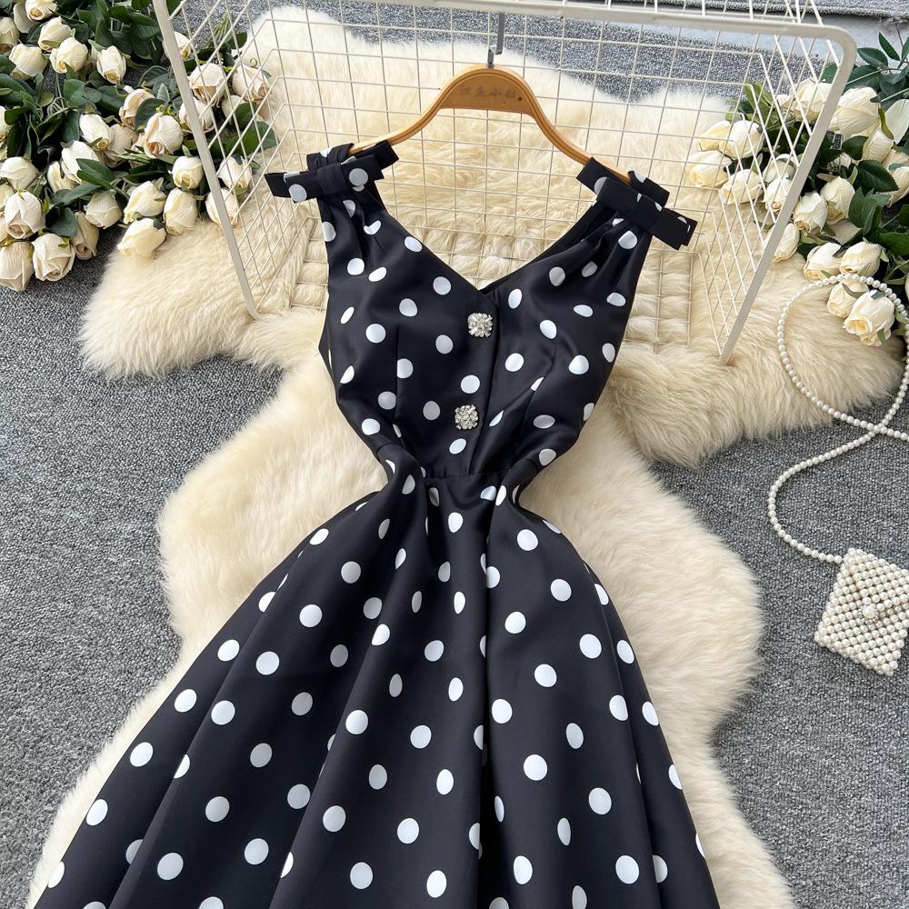French high-end women's dress autumn socialite bow suspender waist pendulum polka dot puffy dress