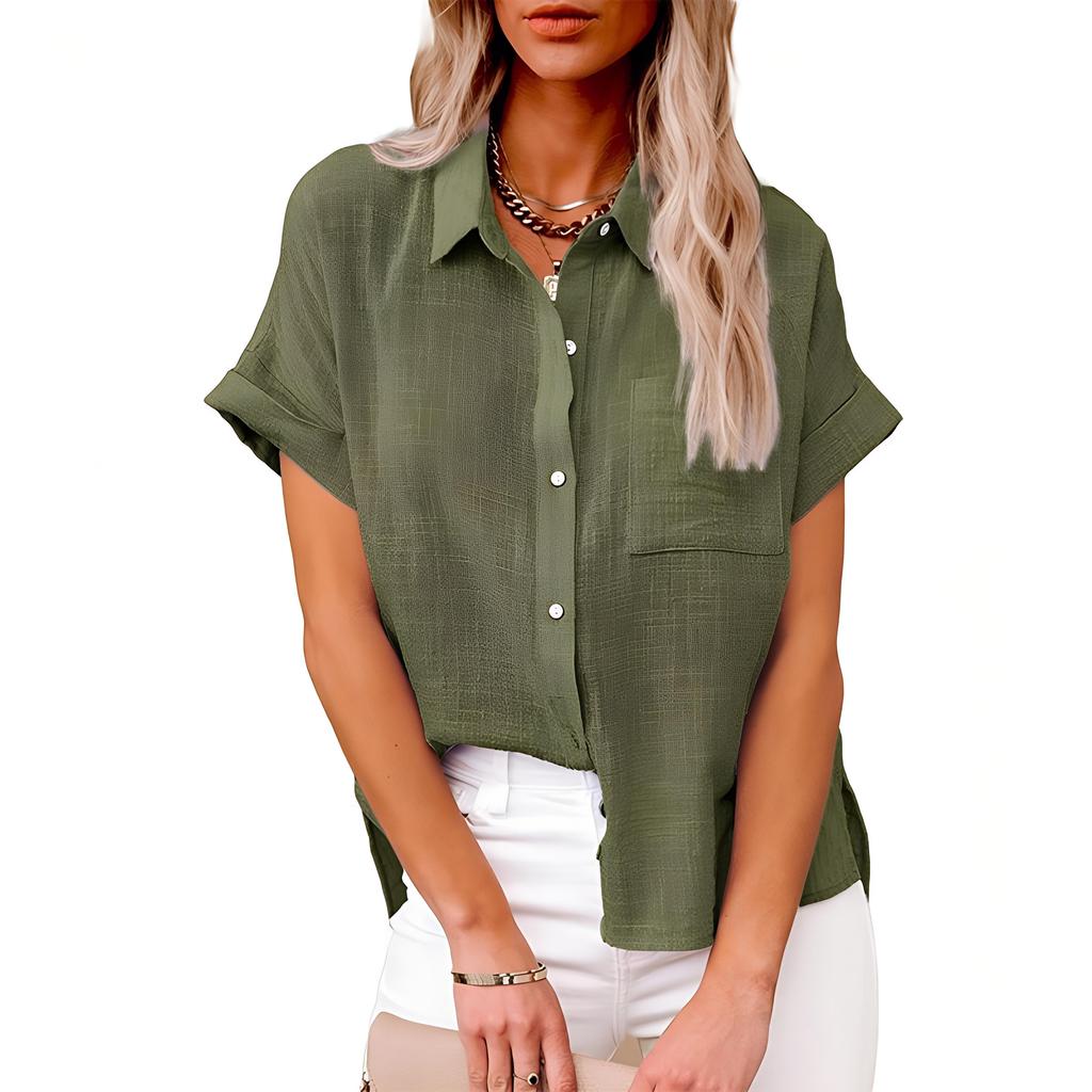 New Summer Women's Solid Color Linen Short Sleeve Casual Loose Shirt