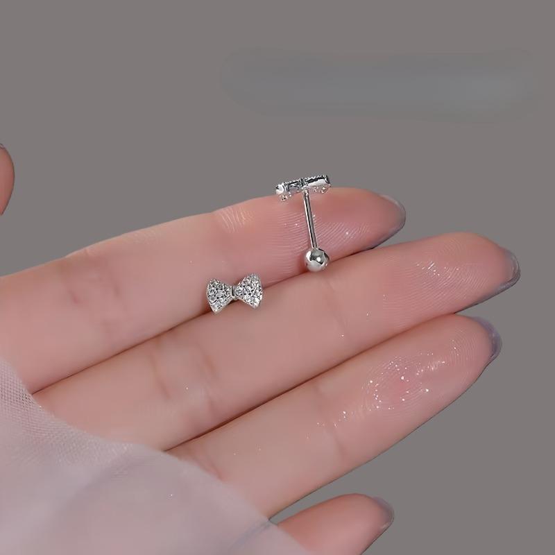 New Sweet Bow-shaped Stud Earrings with Screw Fastening, Ear Bar Studs with Anti-lost Threads, Ear Jewelry Set