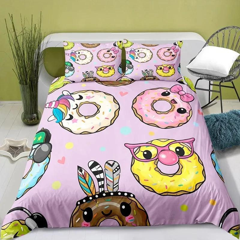 Lovely Cartoon Food King Queen Duvet Cover Pearl Milk Tea Bedding Set Kids Teens Adults Dessert Fries Cola Polyester Quilt Cover