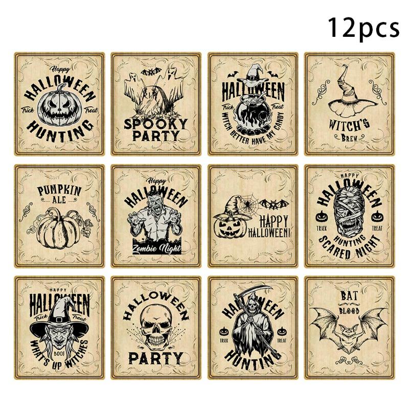 12Pcs Halloween Retro Horror Gothic Wine Bottle Labels Sticker Vintage Witch Graffiti Potion Decals For Halloween Party Decor