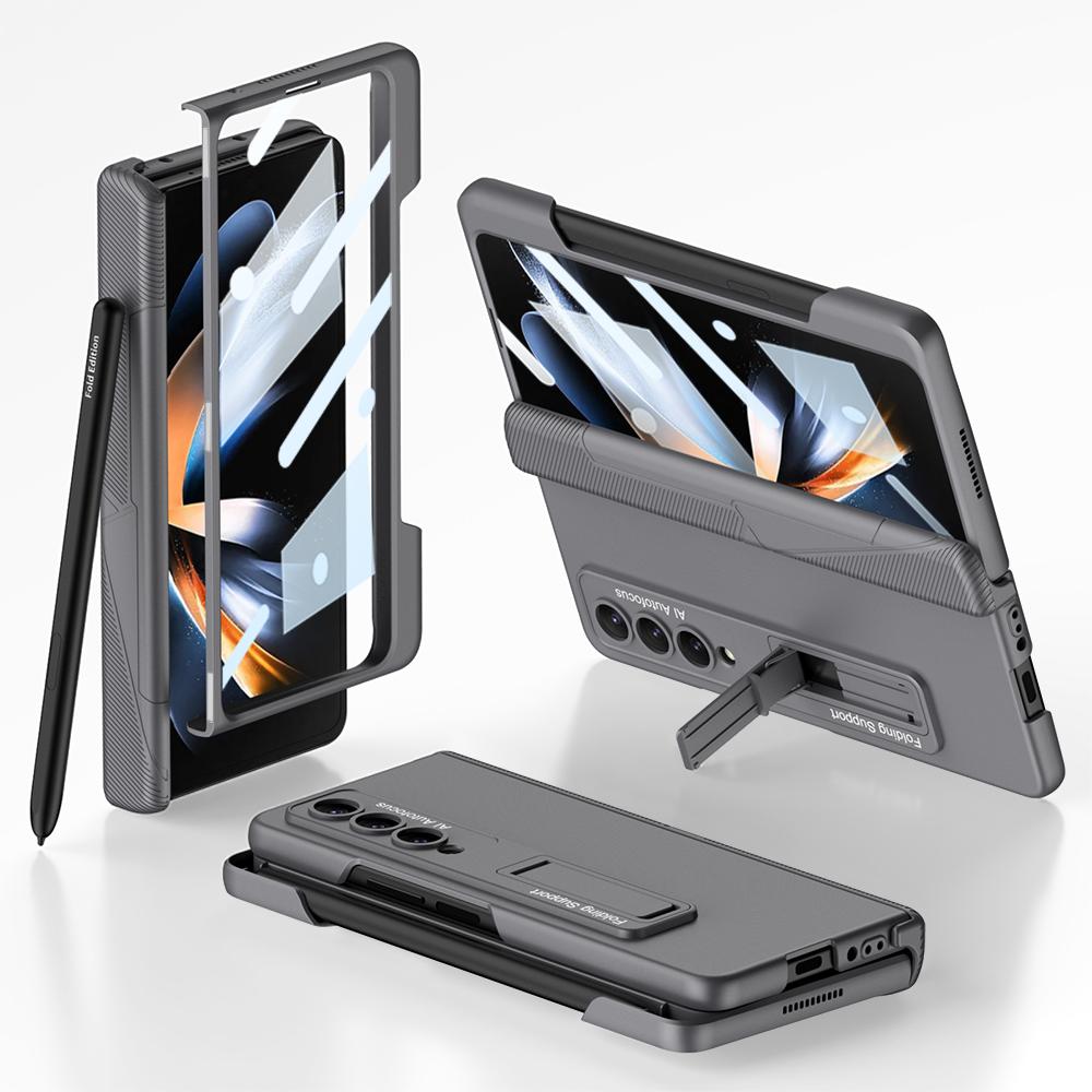 For Samsung Galaxy Z Fold 4 Case Ultra Thin Matte Magnetic Folding Hinge Kickstand With Side Pen Slot Tempered Film Hard Cover