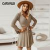 Herbst und Winter Damen Pullover Kleid Sexy V-Ausschnitt Plissee Strick Kurze A-Linie Kleider