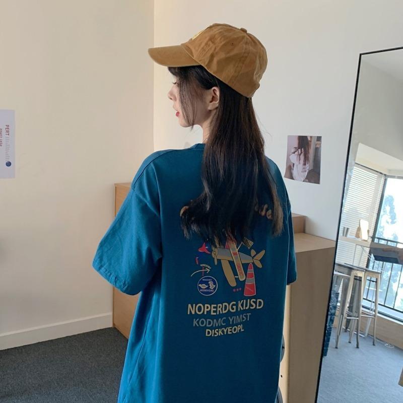 

Летняя одежда с принтом спереди и сзади, корейская версия, новая женская футболка средней длины с коротким рукавом, женская свободная студенческая парная одежда XXL синий