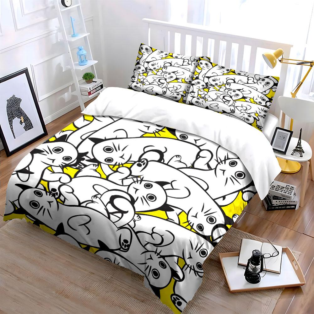 Cute Black and White Cat Pattern Bedding Duvet Cover Set  (1*Duvet Cover 2*Pillowcases, Without Duvet Insert)