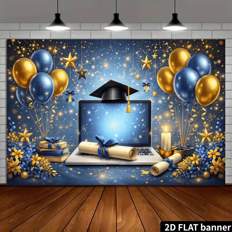 Sfondo di Laurea Stampa Piatta 2D, Striscione per Festa con Laptop e Diploma