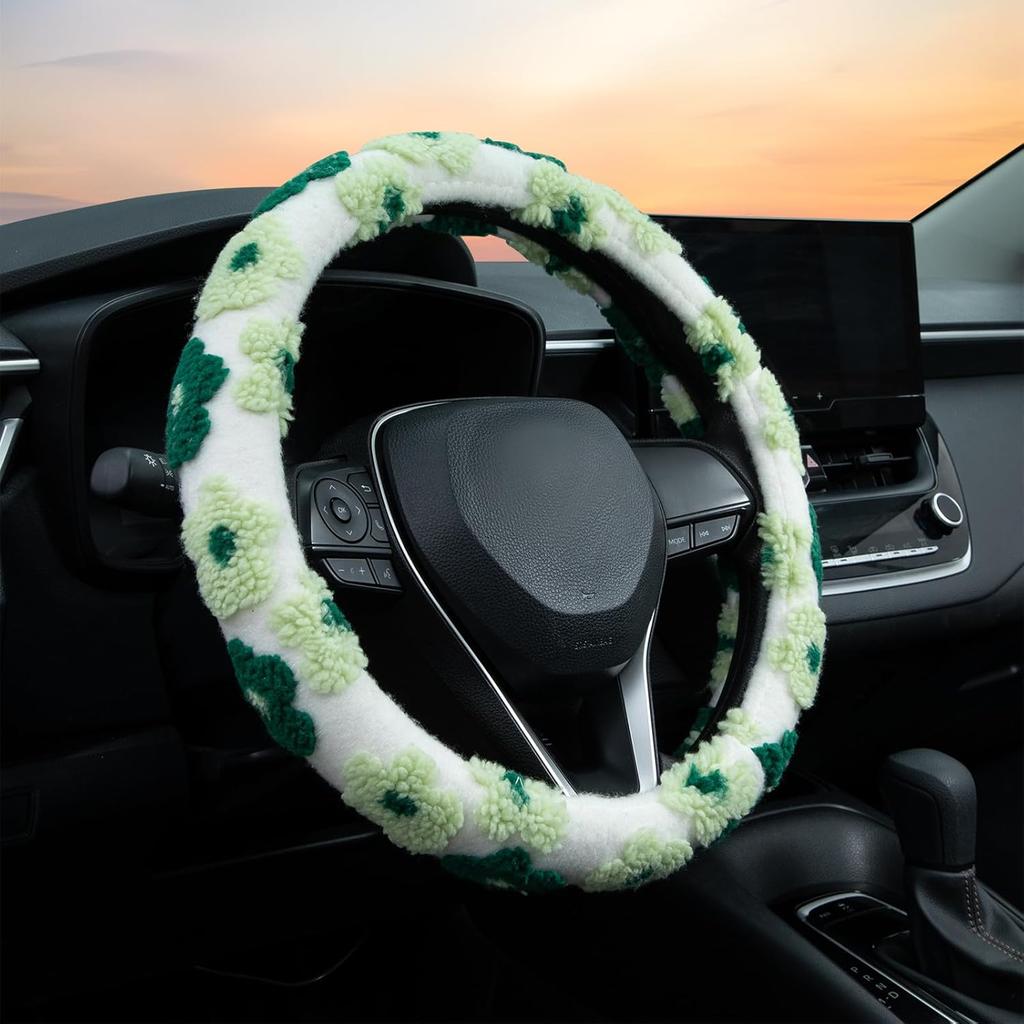 Green Plush Flowers Steering Wheel Cover Auto Jacquard Steering Wheel Protector, Anti-Slip, Breathable, Absorbing Sweat, Universal Car Accessories