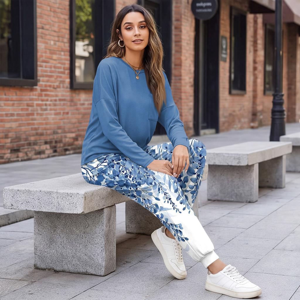 Women's Casual Loose Fit Printed Sweatshirt and Jogger Set with Chest Pocket - Round Neck 2 Piece Outfit for Daily Wear