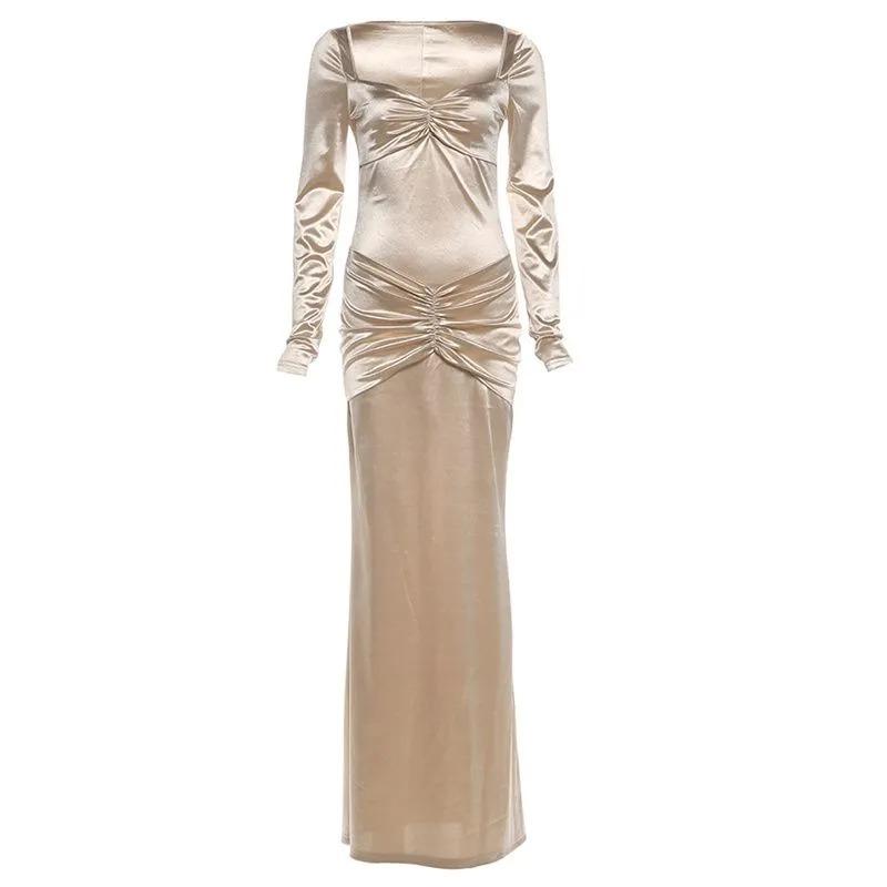 Temperament and High-end Pleated Square-neck Long-sleeved Dress for Women, Slimming and Hip-hugging Long Skirt