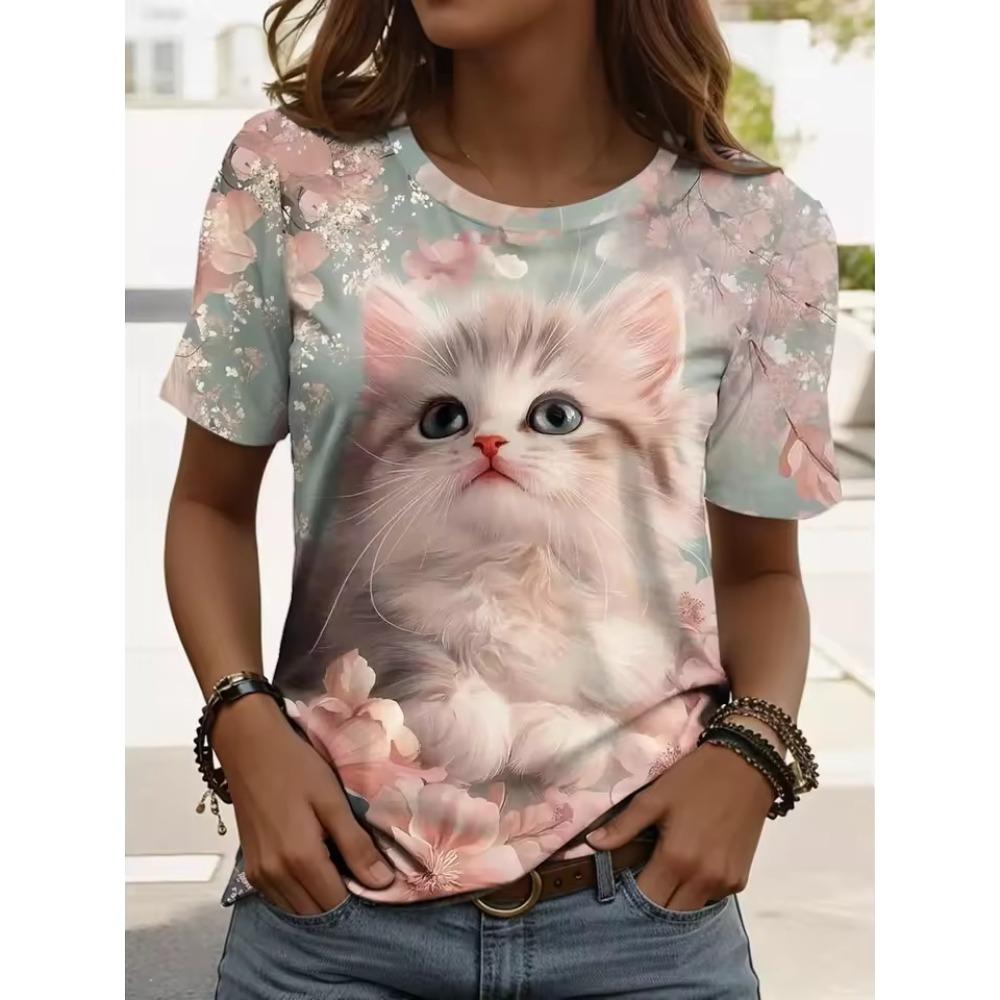 Ladies Summer Fun Cat Printed Large Loose Casual T-shirt Fashionable Comfortable Soft Breathable Short Sleeved T-shirt