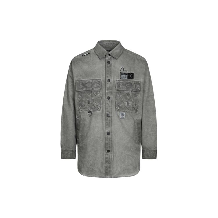 Evisu FW23 Vollkartenmuster Gesticktes Logo Eng anliegende Jeansjacke Herrenjacken Grau 2EAGNM3SJ5118RXCT