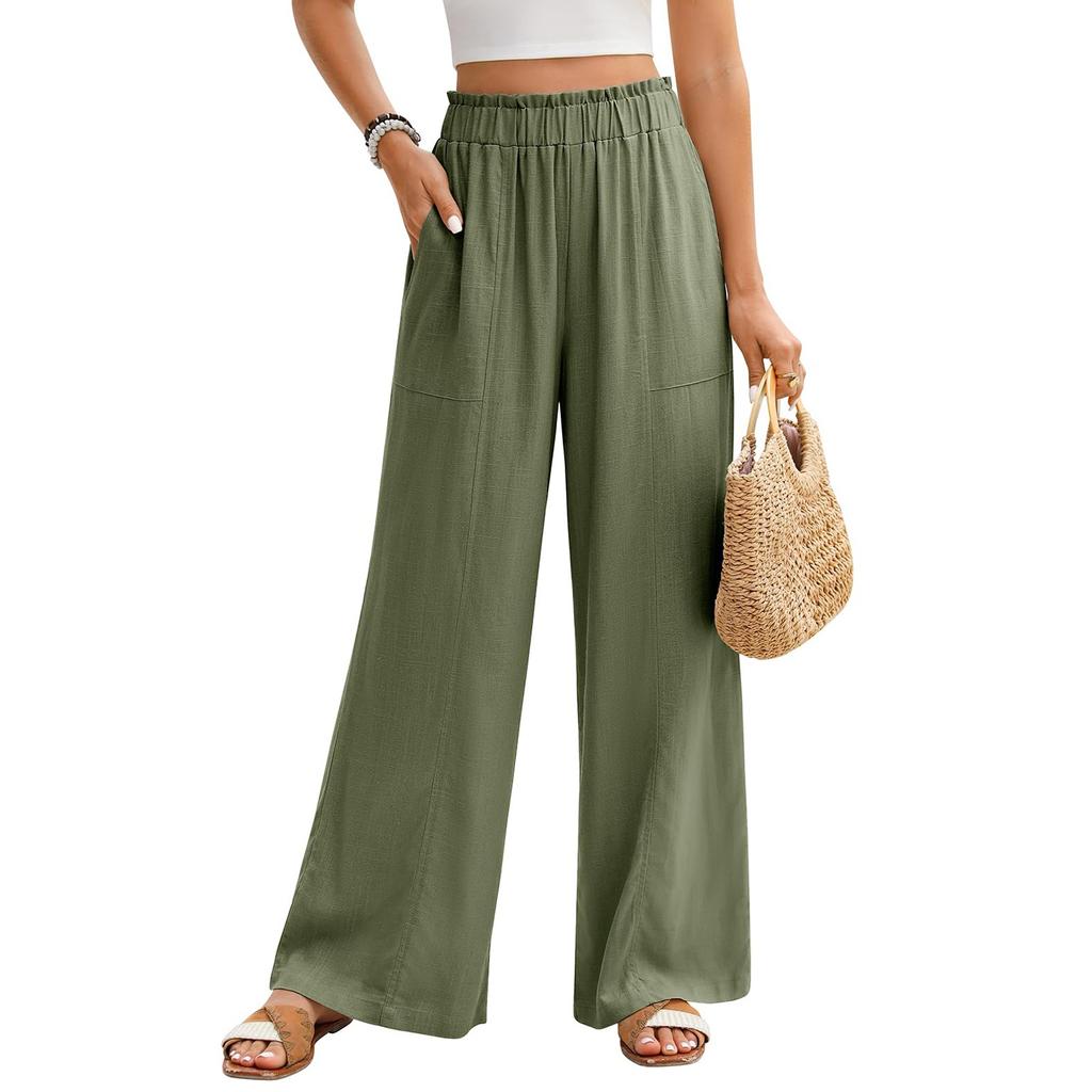 Damen Sommerhose aus Baumwollleinen mit weitem Bein, lässig, locker, Kordelzug, hohe Taille, Palazzo-Hose mit Taschen