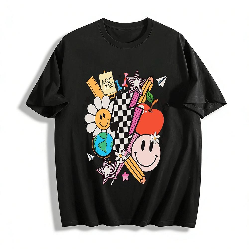

Back to School Fun Stationery Print Casual Top Pure cotton T-shirt 6XL